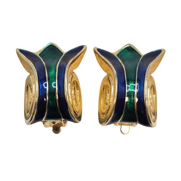 Vintage Emerald Green Royal Blue and Gold-tone Tulip Cloisonne Clip-on Earrings - Picture 1 of 11